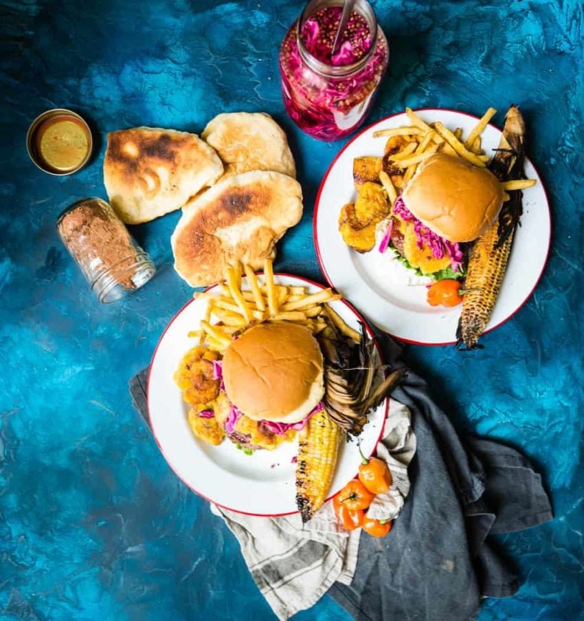 Caribbean-Jerk Lamb Burgers with Tostones